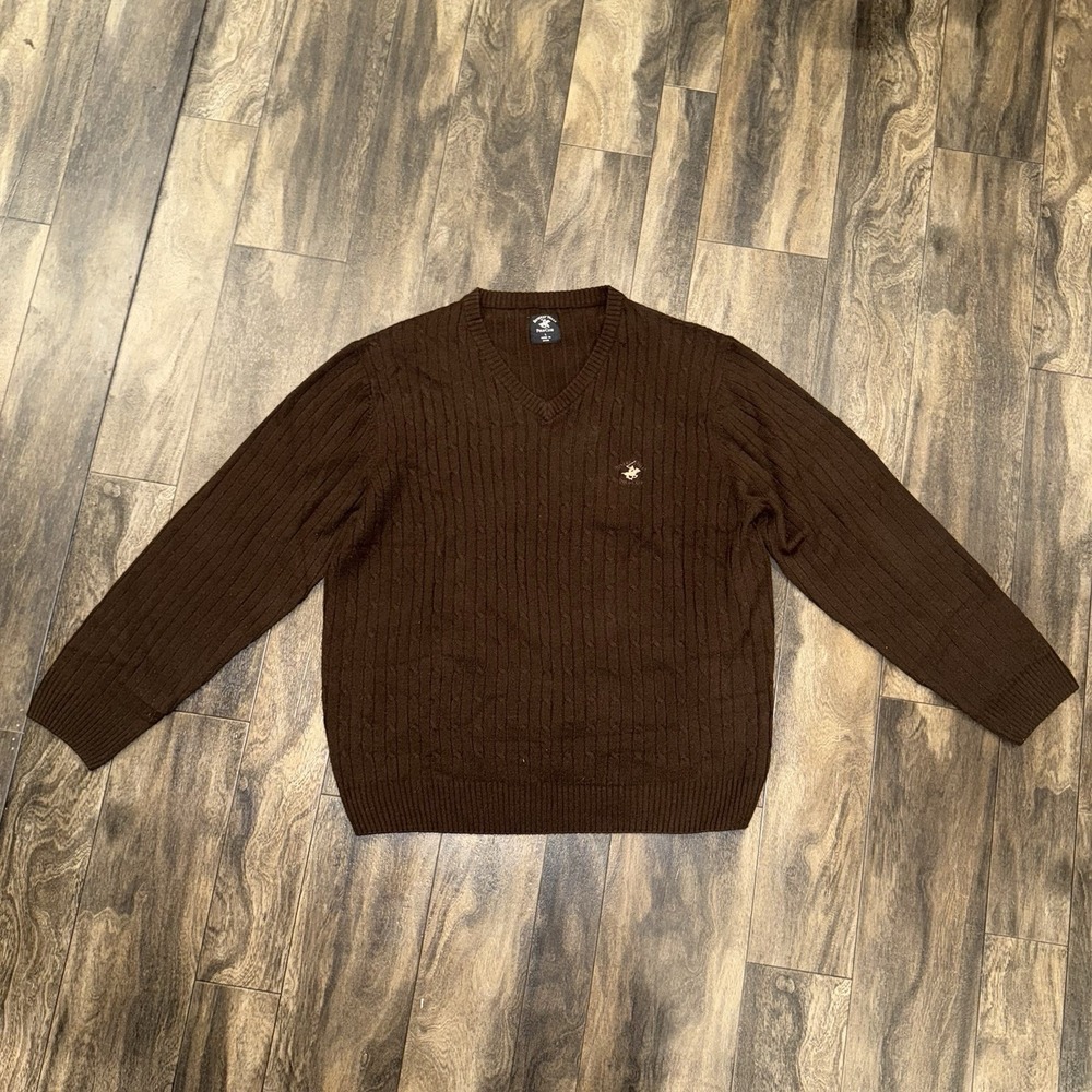 Beverly‎ Hills Polo Club Brown Knit V-Neck Sweater Men's Size Large